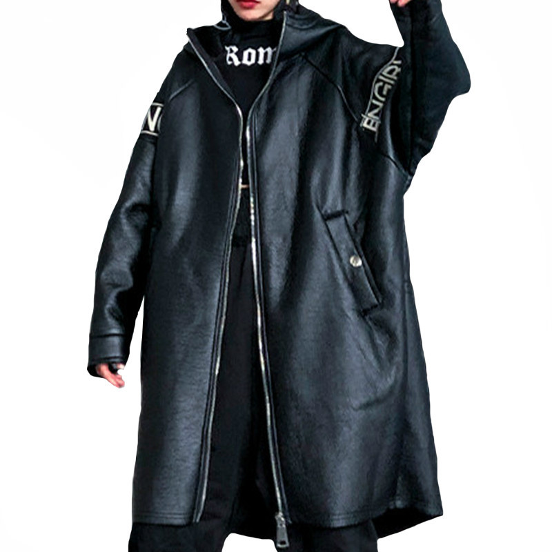 

European From Ladies Hoods Plutonium Biker Women's Jackets Printed Leather Jacket Long Clothing Tzet, Black