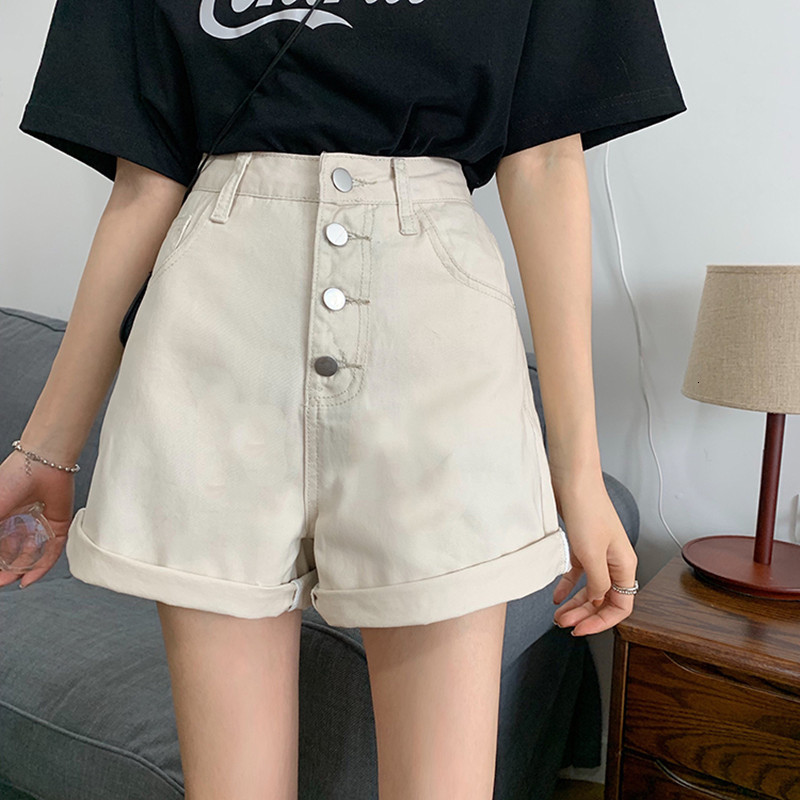 

2021 New 2 high-waisted color denim single woman jeans button Summer ladie loose casual women's shorts (f7481) 39S5, Beige.