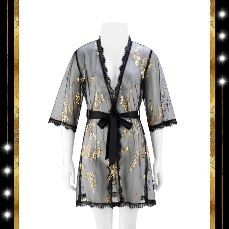 

Black Printed Gold Mesh Lace Summer Robe Sexy Kimono Bathrobe Intimate Lingerie Lady Nightgown Loose Home Wear With Belt