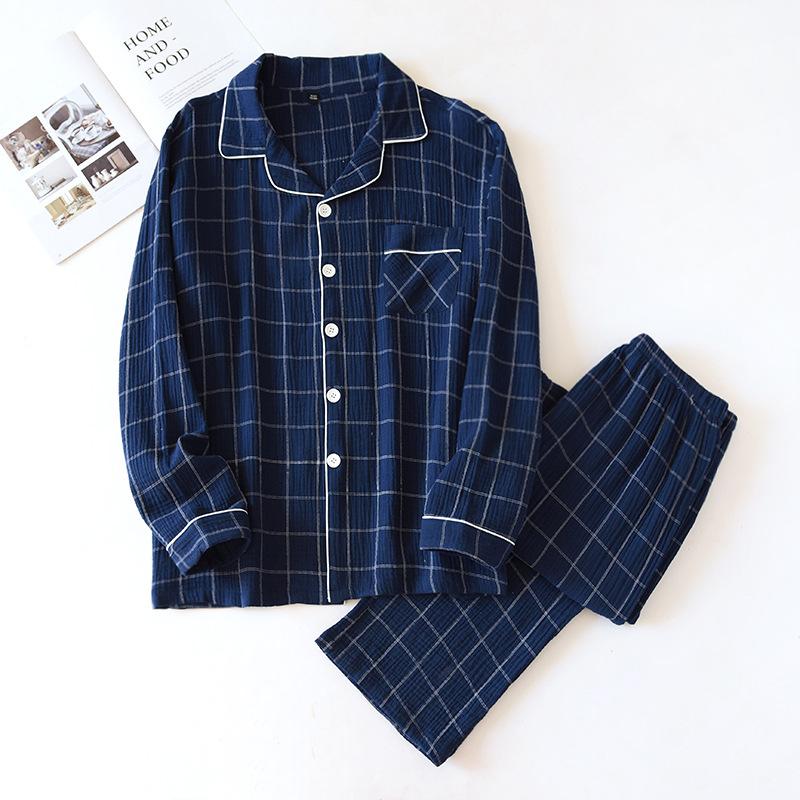 

Cotton Men 2CPS Pajamas Set Spring Autumn Sleep Set Plaid Sleepwear Male Casual Pijamas Suit Loose Shirt&Pants Nightwear, Navy blue