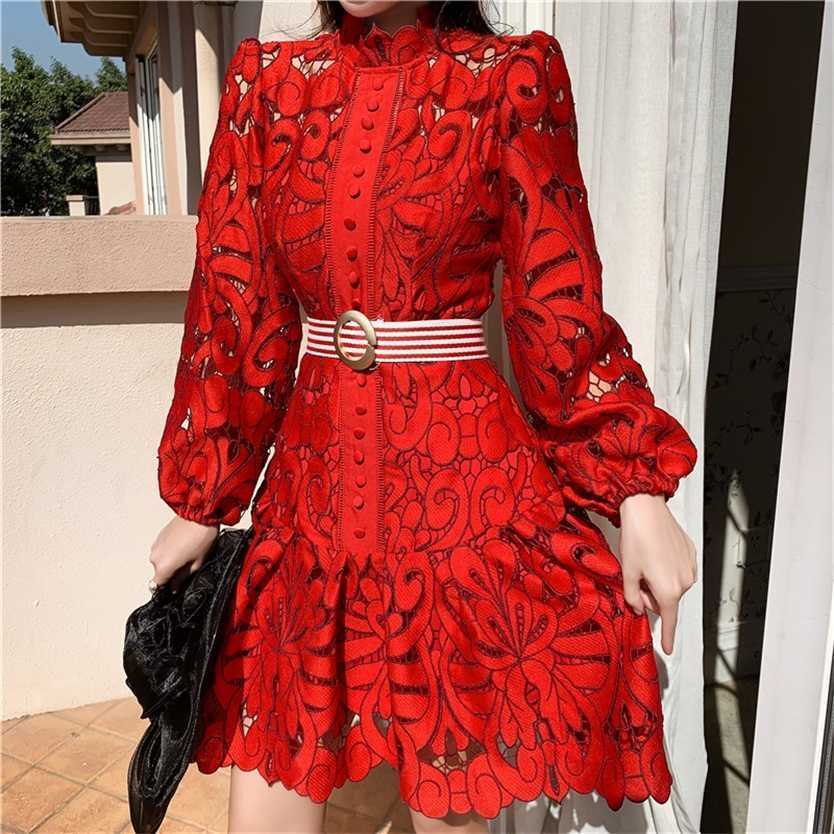 

Vintage Hollow Out Lace Floral Embroidery Dress Spring Autumn Women Stand Collar Lantern Sleeve High Waist Sashes Short Dresses 220125, Auburn
