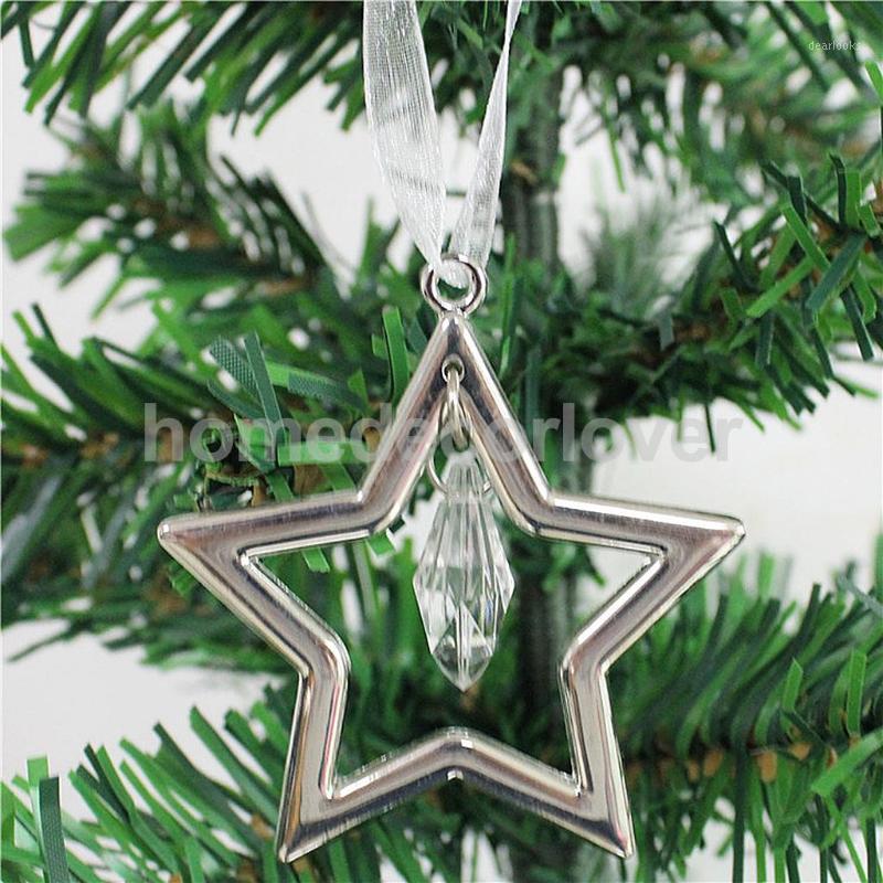 

Christmas Tree Phone Ornaments Silver Alloy Crystal Star Hanging Decoration with Ribbon Xmas Home Tree Decor1