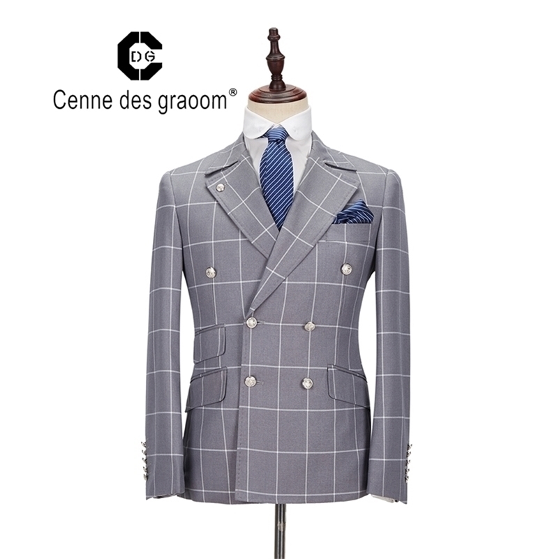 

Cenne Des Graoom New Men Suit Plaid Double Breasted Two Pieces Six Button Slim Fit High Quality Wedding Party Costume DG-MT 201106, Grey