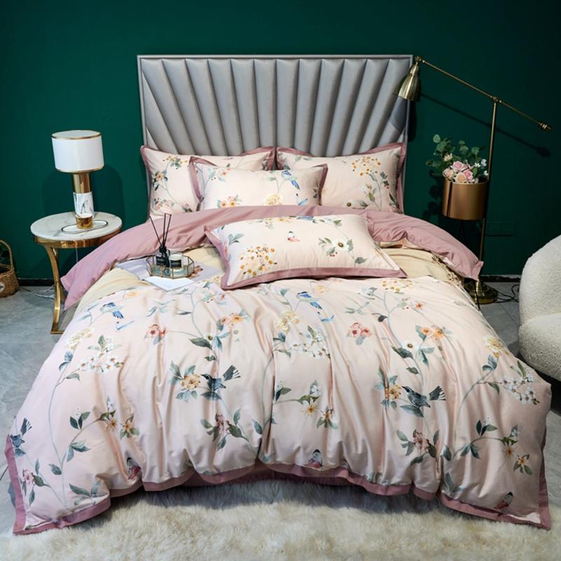 

Pink Pastoral Bedding set 100% Egyptian cotton bedclothes floral flower print satin girl duvet cover queen king size hometexitle, As pic