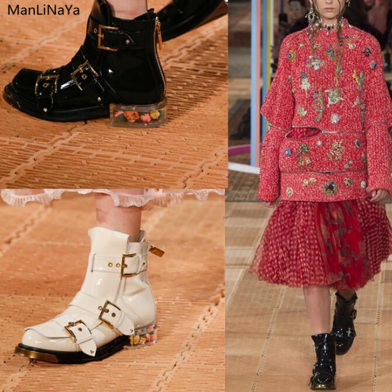 

Brand Design Buckle Rivet Women Ankle Boots Round Toe Transparent Flower Women Motorcycle Boots Floral Runway Female Boot, As picture