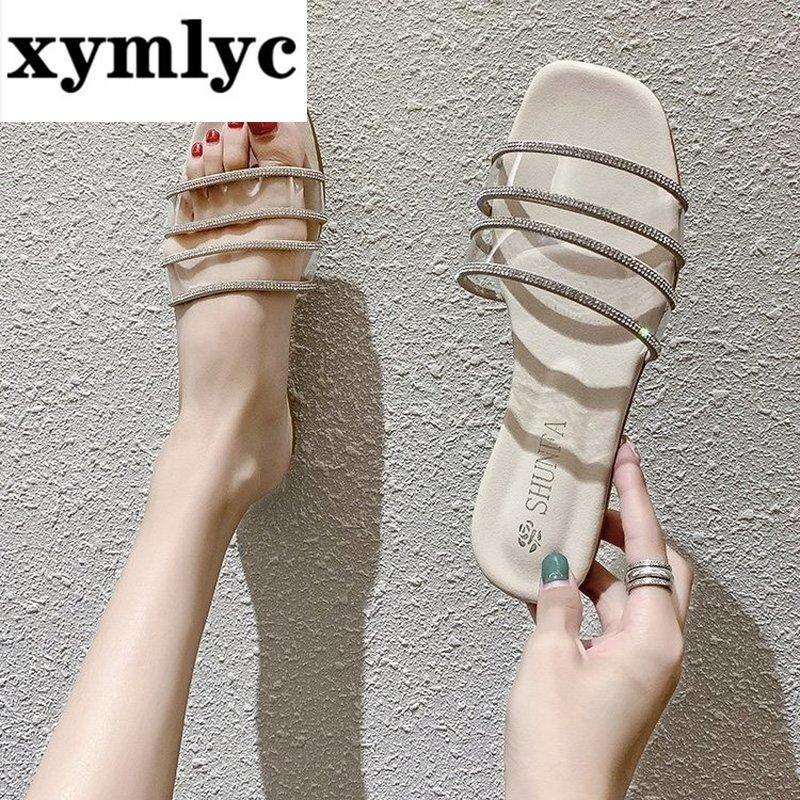 

2020 female Sandals Korean version of the transparent word drag female wild non-slip slippers women wear fashion slippers women1, Beige