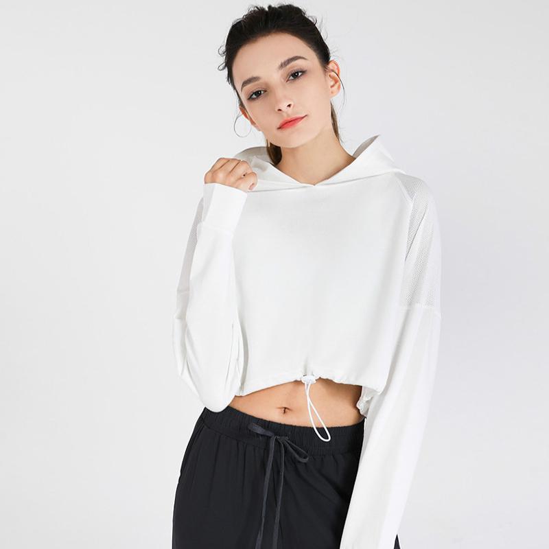 

Heyyoga Women Loose Fit Leisure Running Gym Sport Cropped Sweatshirts With Thumb Holes Terry Drawstring Workout Cropped Hoodies, White