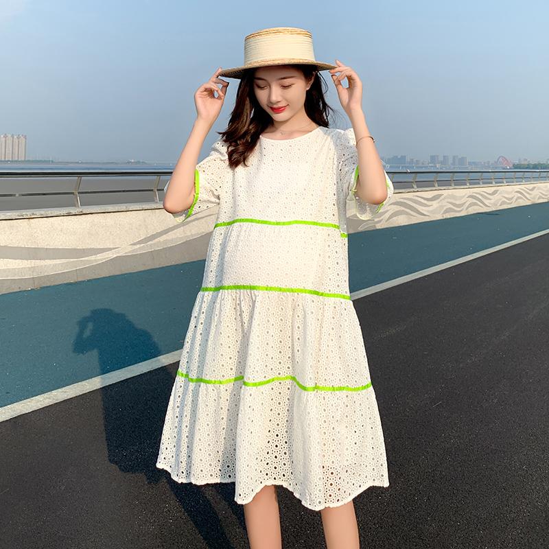 

2661# 2021 Summer Korean Fashion Maternity Dress Hollow Out Patchwork Loose Clothes for Pregnant Women Chic Ins Pregnancy Dress, White
