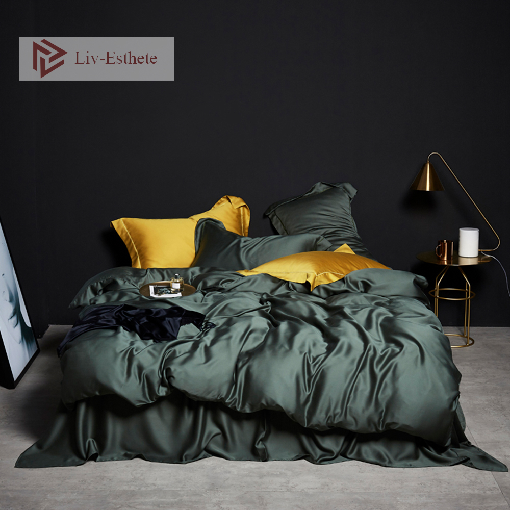 

Liv-Esthete Deep Sleep Green 100% Silk Bedding Set Queen  Solid Color Duvet Cover Bed Sheet Flat Sheet Pillowcace Bed Set T200826, 002
