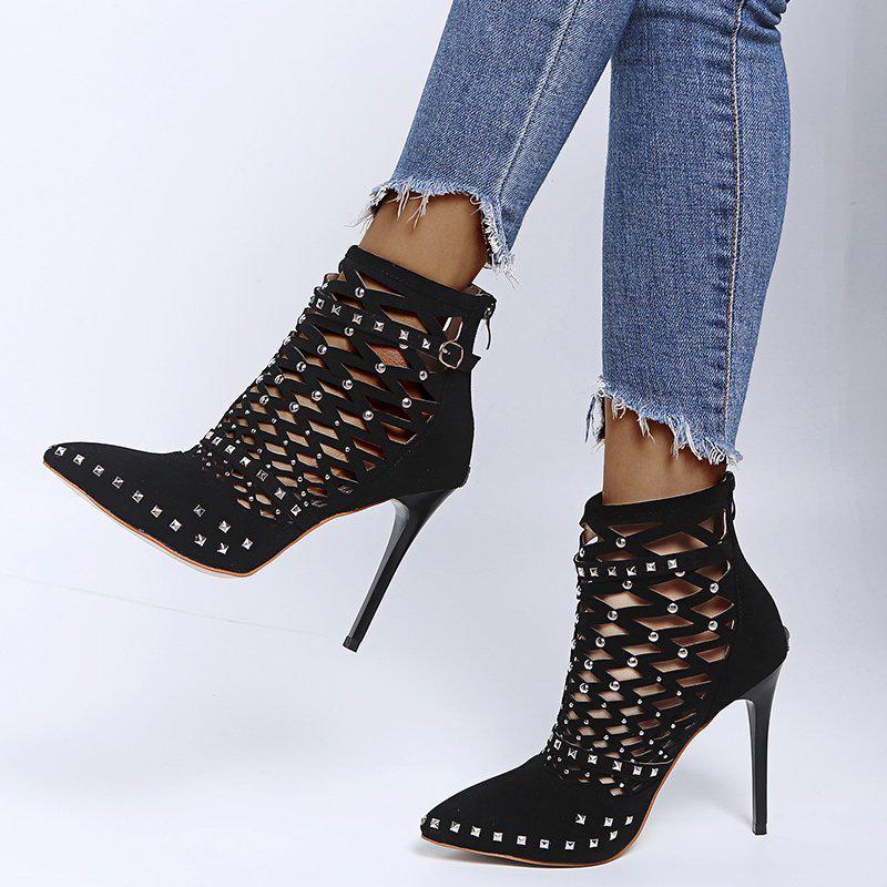 

Woman High Heel Sandals Boots Rivet Hollow out Ladies Fashion Ankle Boots Zippers Spring Sunmmer Female Sexy Shoes 2021 New, Beige