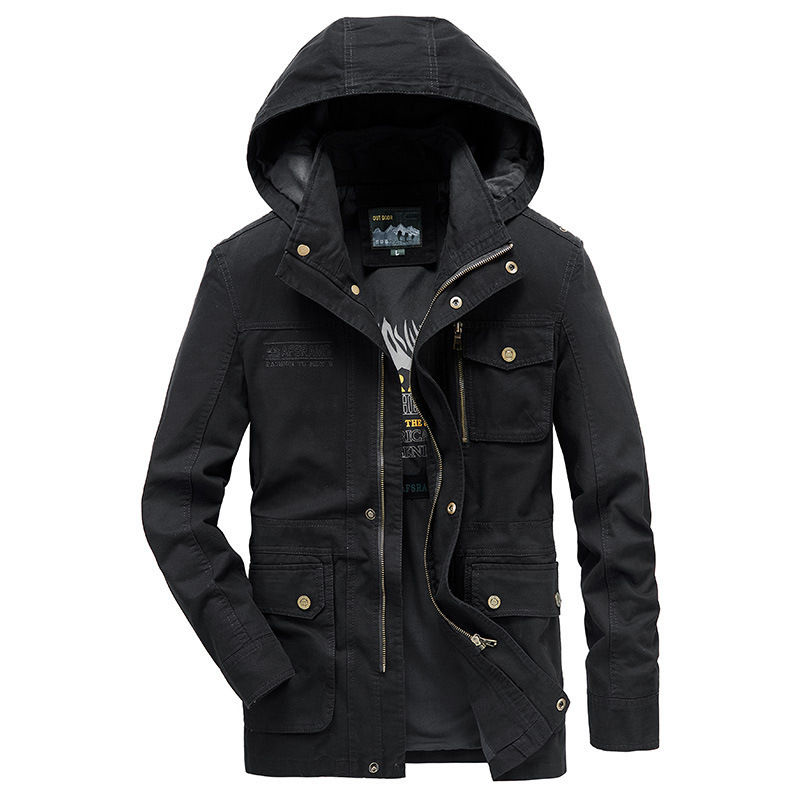 

Plus size 4xl military jacket high quality multi-pocket cotton mid-pocket long men's coats casual autumn with hoodie cargo jackets THSL, Black