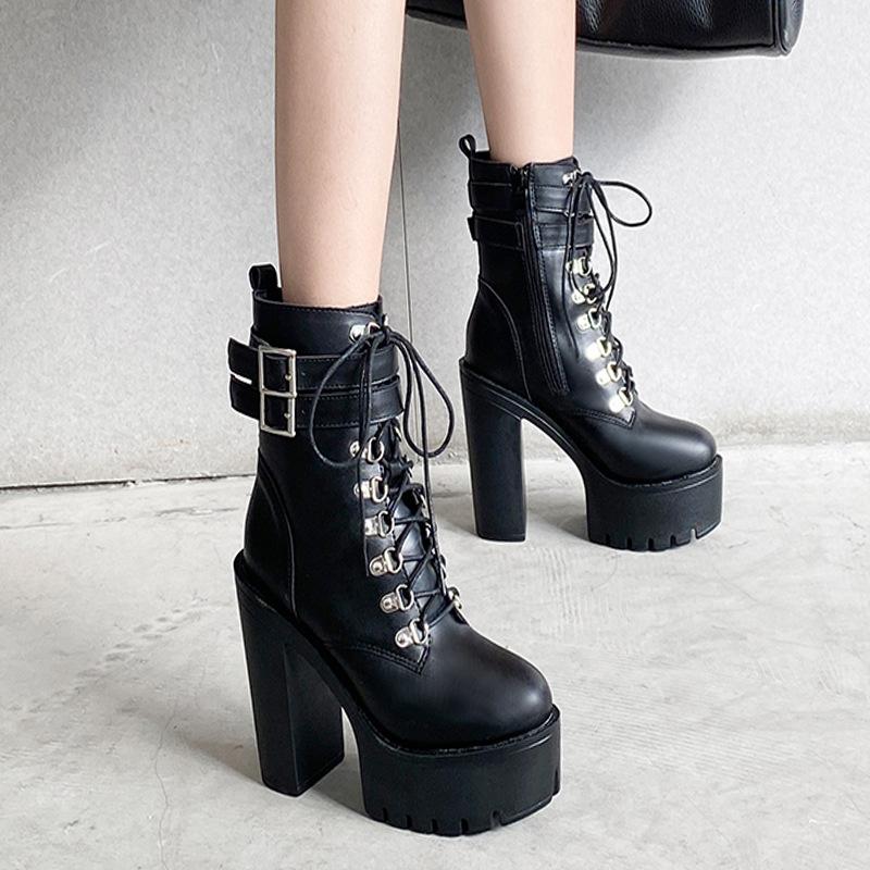 

LEOPARD LAND Hot Selling Women's Boots Waterproof Platform High Rivet Buckle Heel High Heel Black Platform Boots -5758-7