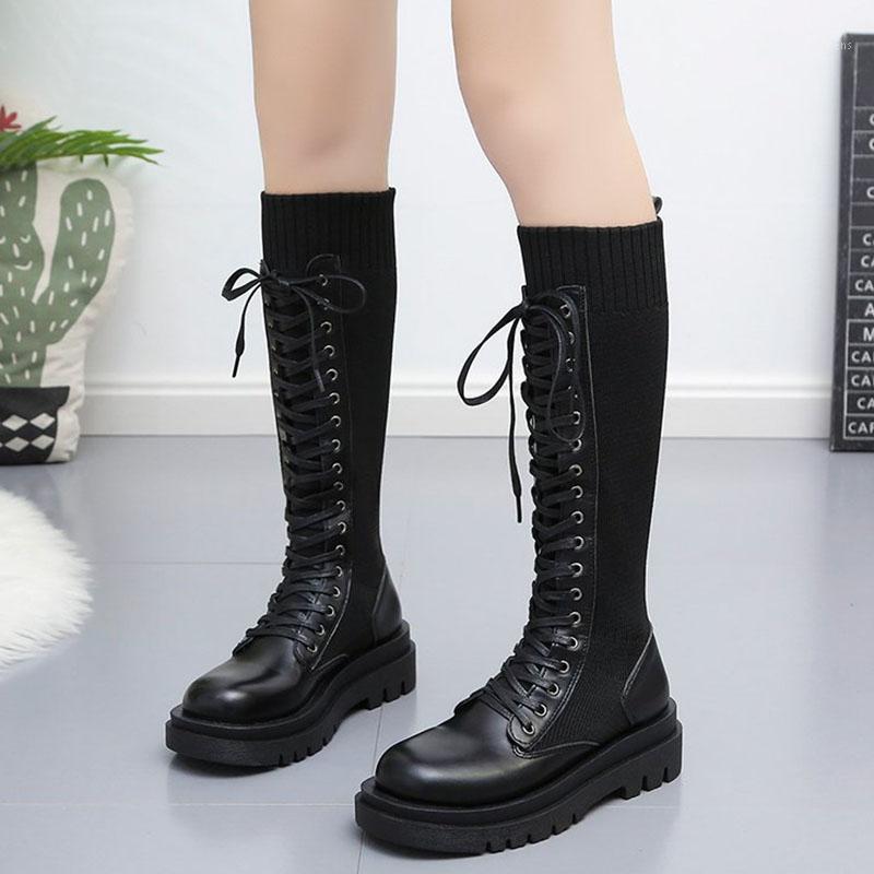

Rimocy Patchwork Elastic Knitted Knee High Boots Women Fashion Lace Up Chunky Platform Shoes Woman Pu Leather Long Sock Boots1, Black