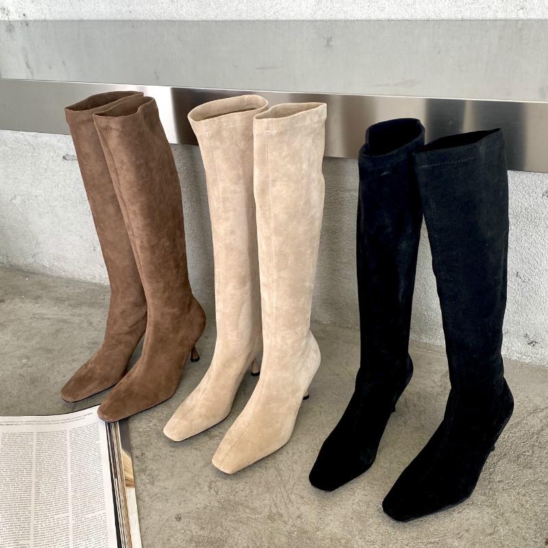 

DXFAN Strech Suede Thin High Heel Knee Boots Women Vintage Square Toe Winter Shoes Women Elegant Solid Designer Shoes, Black