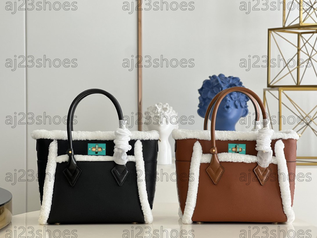 

Designers Bags black grained leather and shearling Crossbody M58908 Monograms tufting on the sides top handles adjustable strap Tote On My Side PM MM Bag, 01