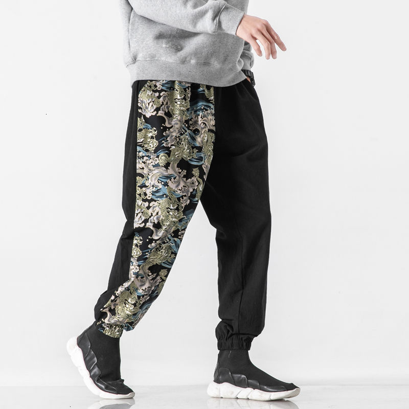 

New Men's Chinese Style Cotton Linen Flower Printed Patchwork Pants 2021 Fashion Man Casual Oversize Trouser Tnpb, Black