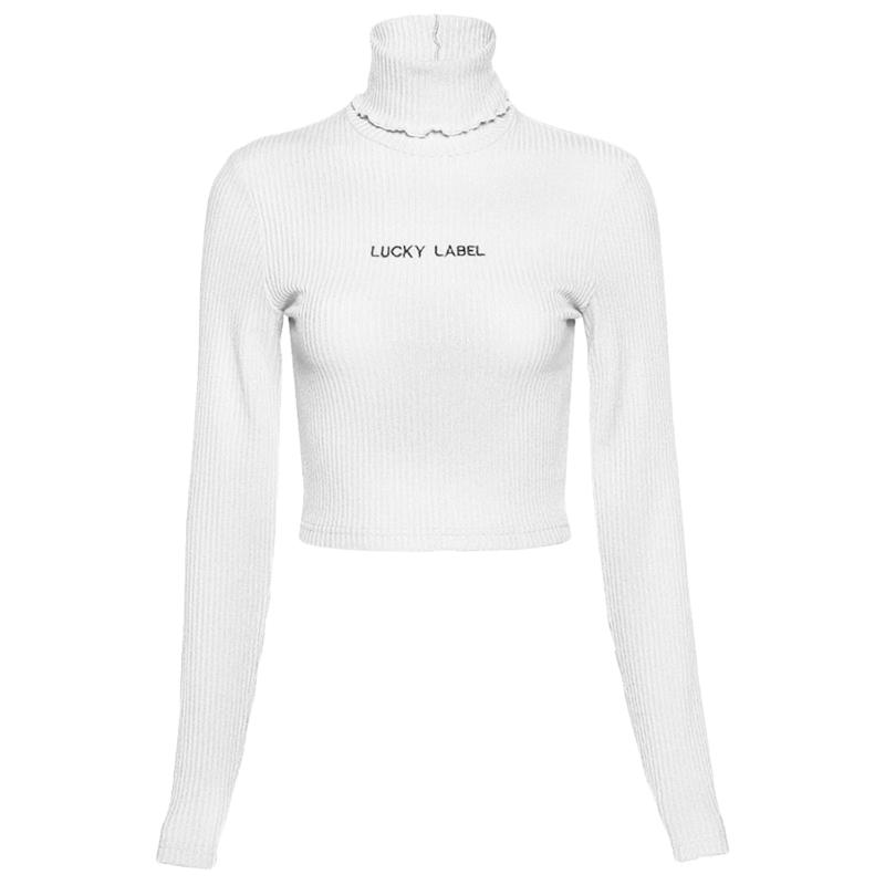 

Women Long Sleeve Ribbed Slim T-Shirt Ruffles Turtleneck Letters Embroidery Tops E56A, Kh-m