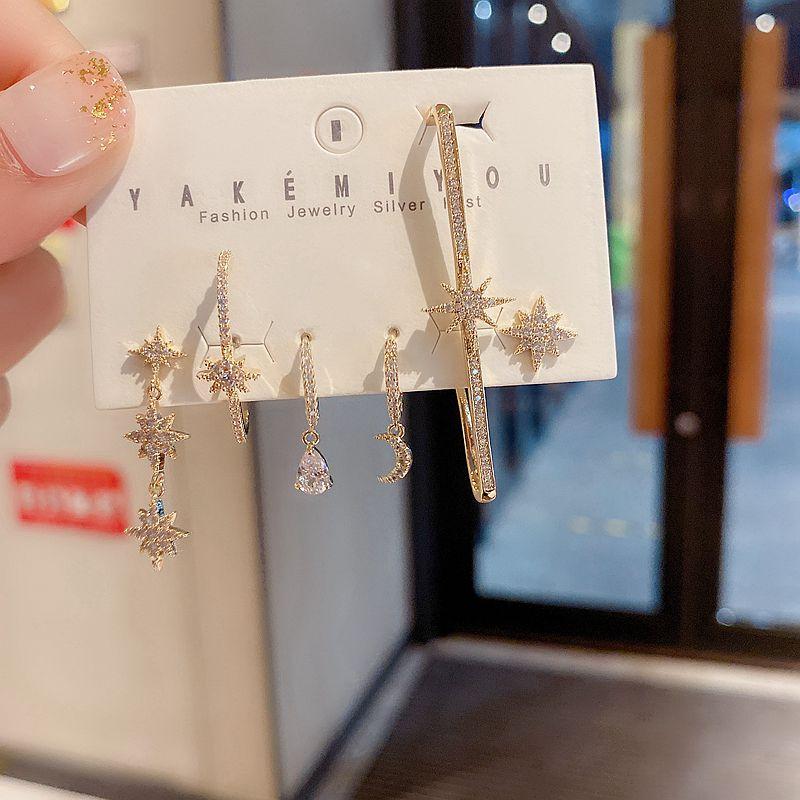

Mixed Styles Ear Cuff Star Earrings Set Gold Color Cubic Zirconia Dangle Earrings for Women Party Jewelry