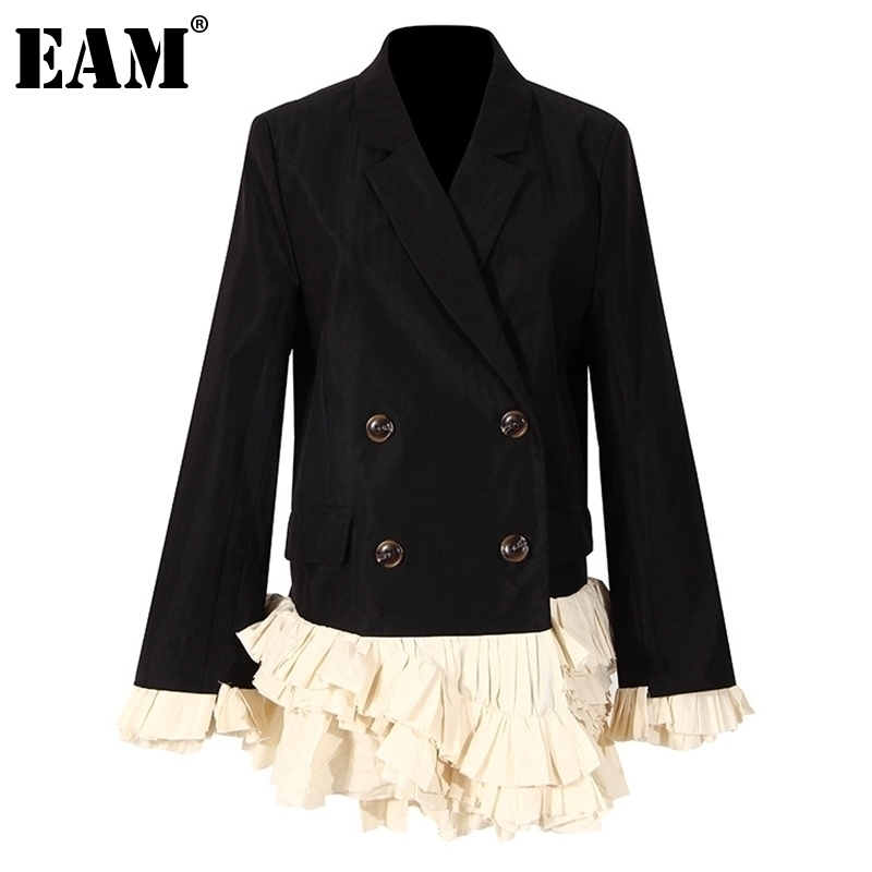 

[EAM] Women Black Hem Pleated Ruffles Blazer Dress New Lapel Long Sleeve Loose Fit Jacket Fashion Spring Autumn 1DD0277 201201