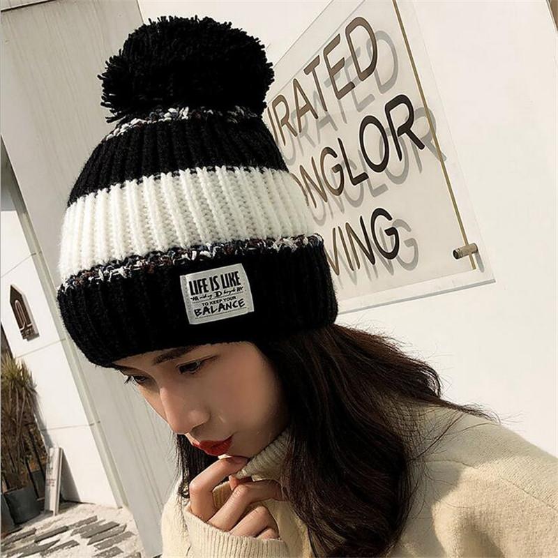 

Winter Knitted Beanies Hat Female Plus Velvet Thick Warm Wool Hat Skullies Women Casual Ladies Earmuffs Letter Bonnet, Black