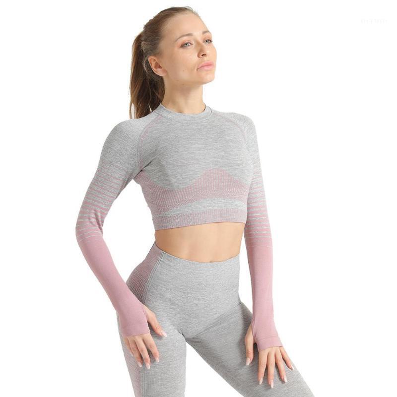 

Seamless Yoga Shirts Gym Workout Crop Top Women Slim Fit Striped Fitness Sports Long Sleeved Shirts1, Red