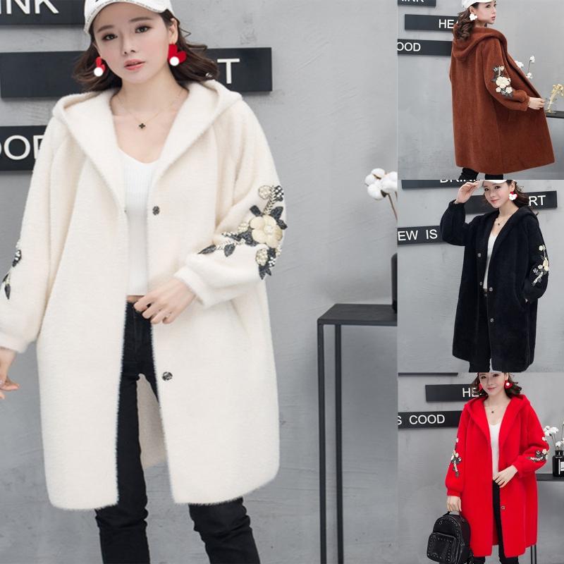 

Women Long Sleeves Hooded Knitted Cardigan Single-breasted Embroidered Overcoat E56B, Ca