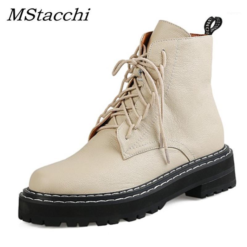 

MStacchi Women Genuine Leather Zipper Boots Woman Chunky Motorcycle Botines Mujer Autumn Winter Round Toe Lace-up Combat Boots1, Black 1