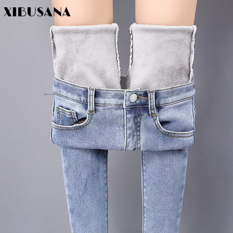 

XIBUSANA Winter Warm Add Velvet Jeans Women Denim Pants Thickened Casual Skinny Pencil Pant Elastic Strtech Slim Trousers 210203, Dark blue pink 9