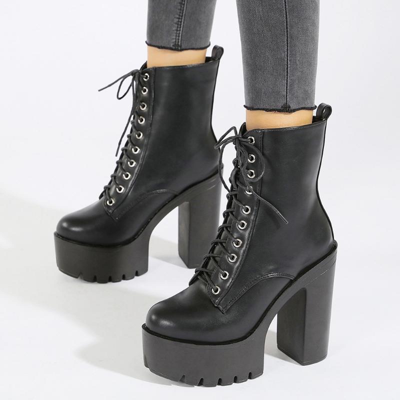 

RIBETRINI Brand Design High Heels Platform Chic winter boots Boots Women Shoelace Cool Motorcycles Ankle Boot Female, Black