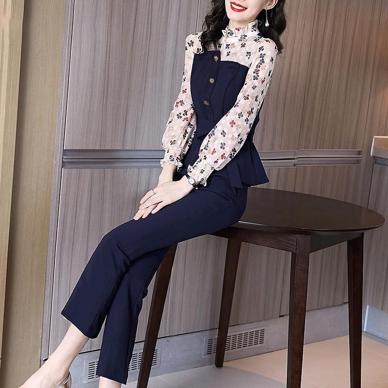 

2021 New Style Autumn Western Style Large Size Fat Mm Temperament Thin Floral Chiffon Shirt Pants Two-piece Suit Female Trend, One-piece top