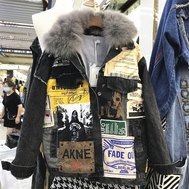 

Real leather neck female jeans jacket 2020 winter ladies jean jackets lining warmer velvet parka fashion outerwear, Black