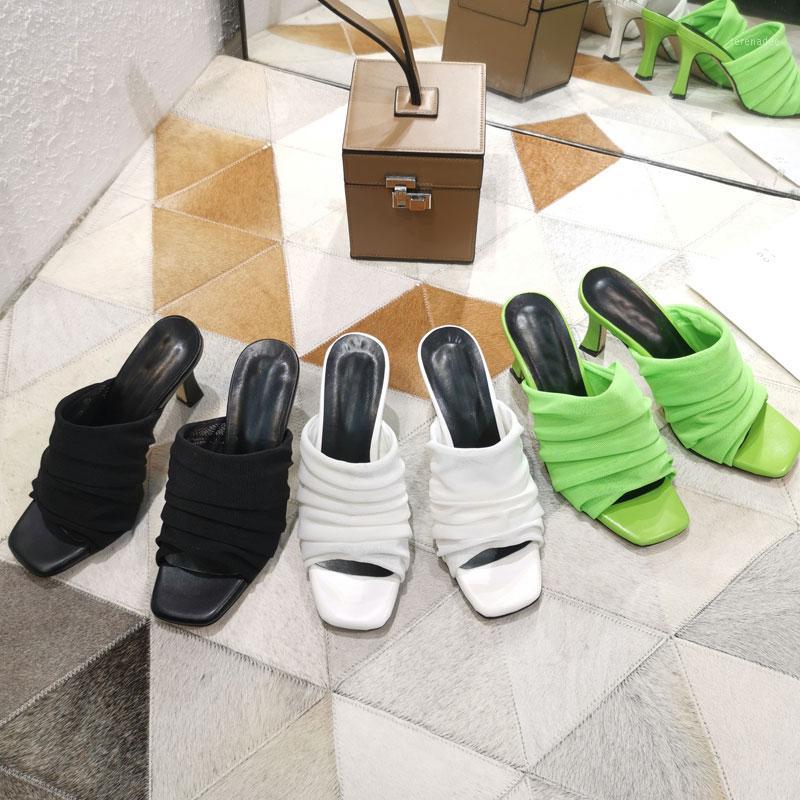 

2020 New Design Women Slippers Peep Toe Thin High Heels Pleated Mesh Sandals 9cm Slippers Outdoor Beach Slides Shoes Green1, White