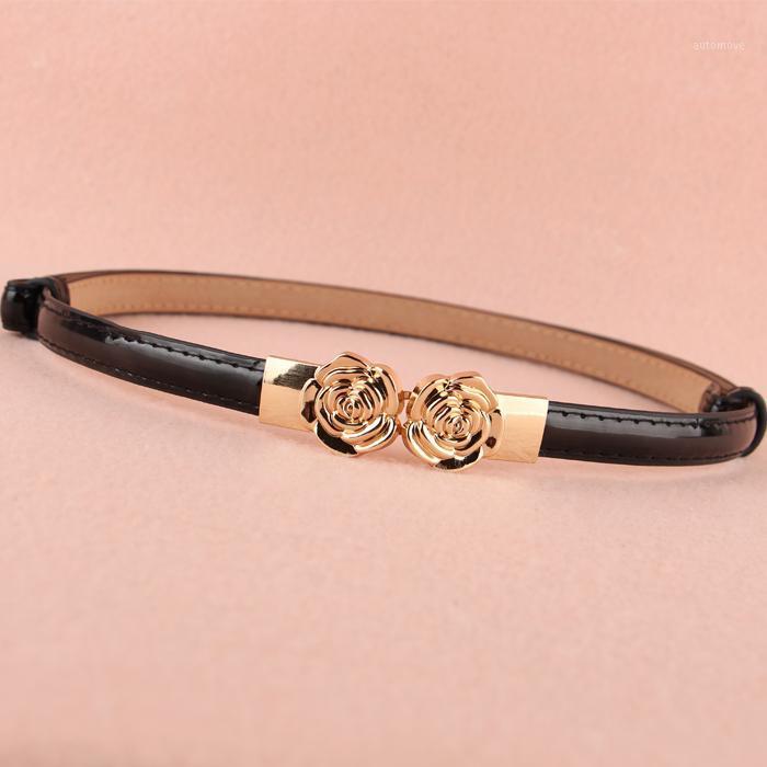 

adjust belt women bright gold flower buckle thin belts PU Leather Female Belts for Women Smooth Surface waistband for dress girl1, Black