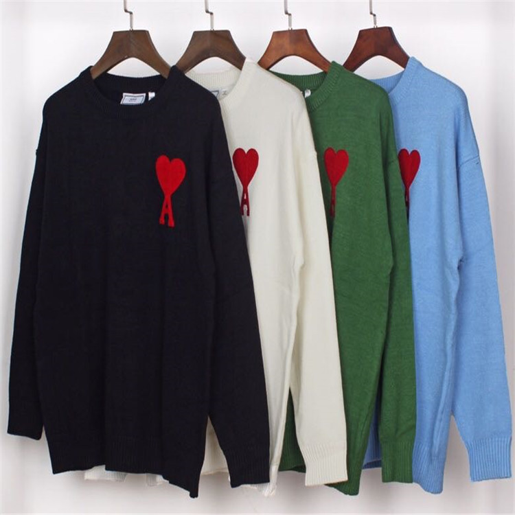 

Men's niche red heart A letter embroidery round neck pullover wool sweater, White;black