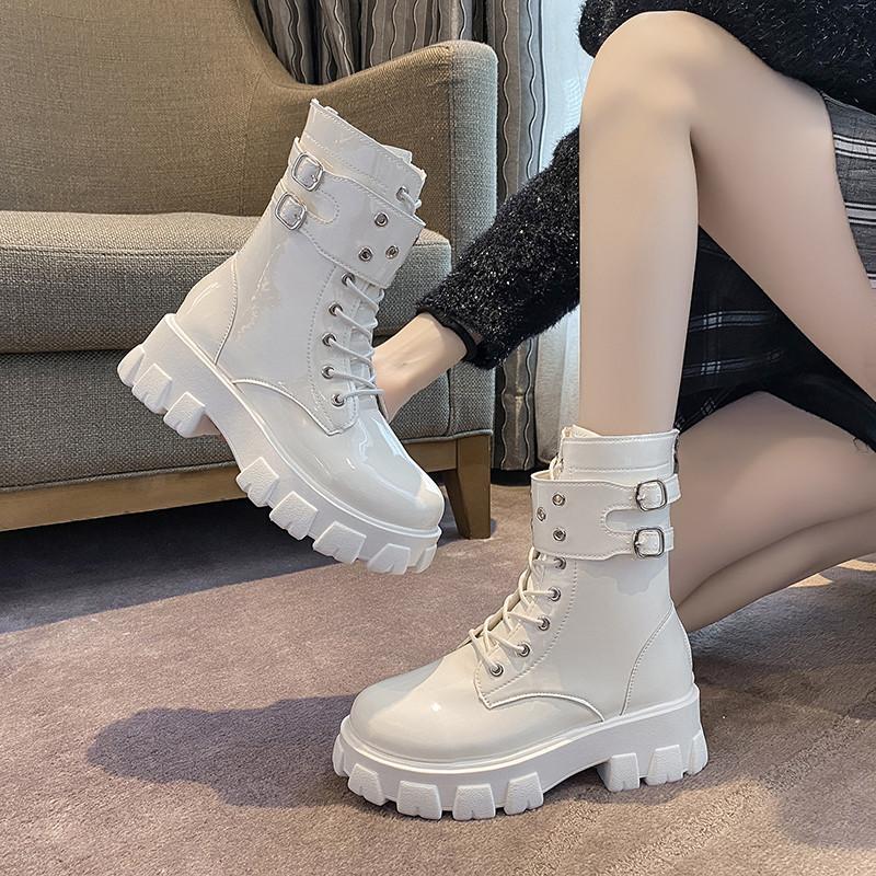 

Flat Heel Boots Women New 2021 Round Toe Shoes Luxury Designer Winter Footwear Lace Up Med Lolita Fashion Ladies Ankle Rock