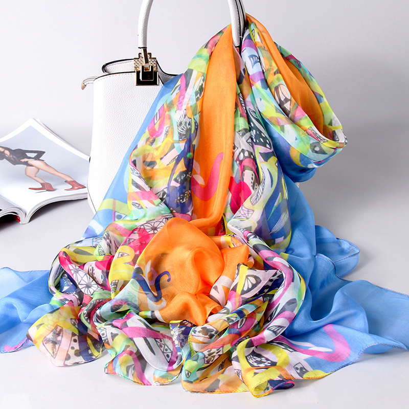 

Women 100% Silk Handkerchief Xale De Luxo Cachecol Bohemian Beach Multifunction Ladies Cover Up Printing Involvement Robbed 3GY2