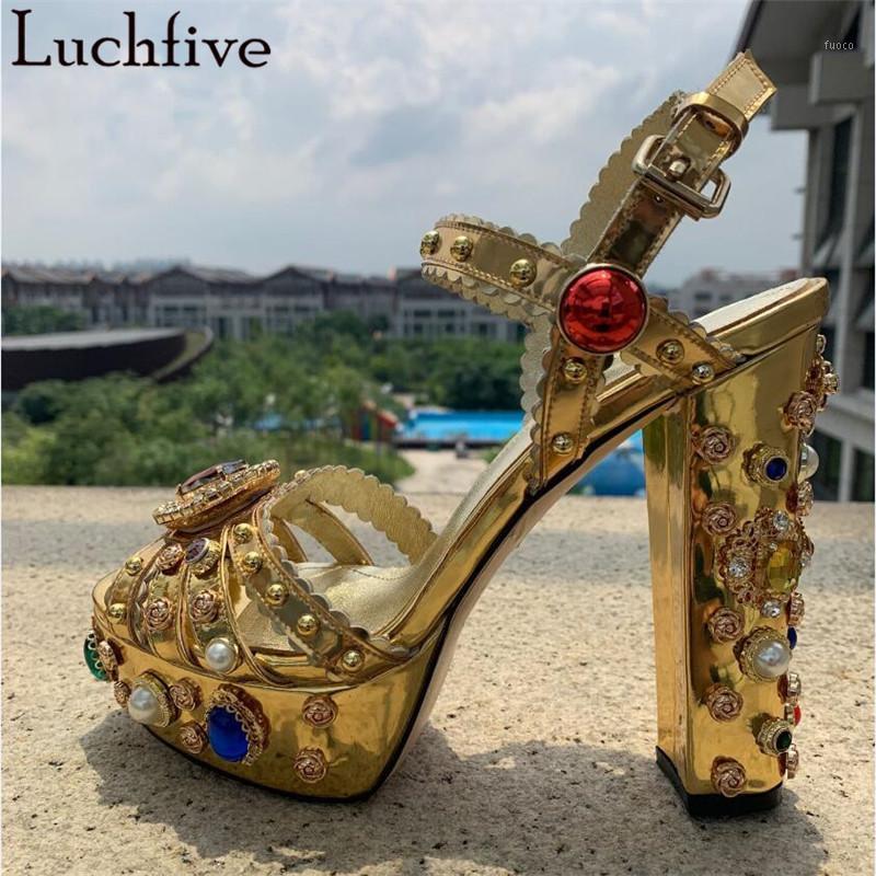 

Luxury Crystals Sandals Women Chunky High Heel Shoes Woman Sexy Peep Toe Platform Shoes For Women Gold Party Zapatos De Mujer1