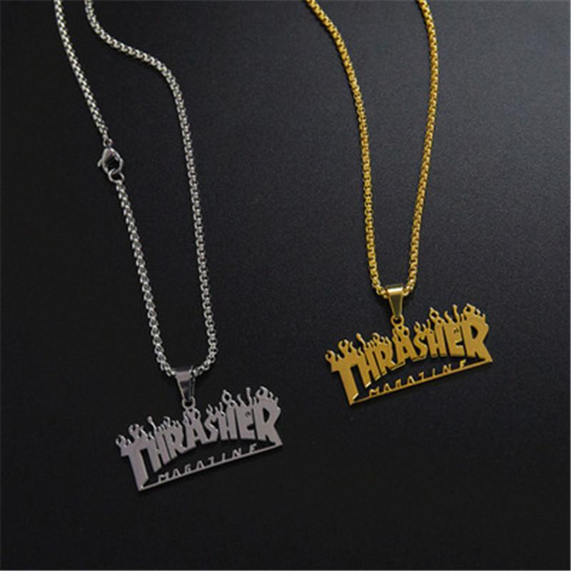 

Simplicity tide card Five bars Flame Pendant Necklace Men Hip-Hop Rock Titanium Stainless Steel Gold Chain Necklace Fashion Man