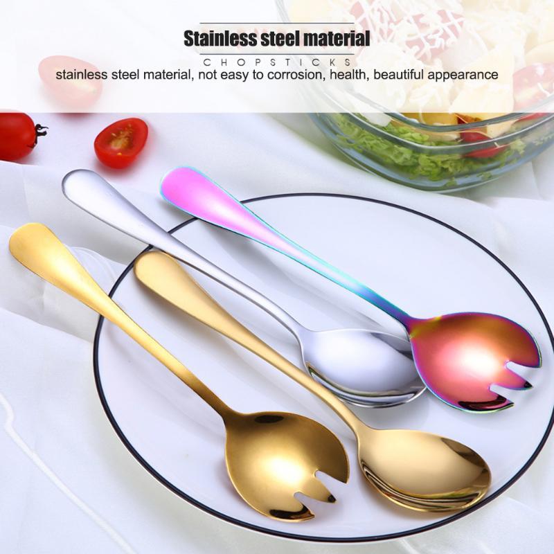 

2PCS Salad Spoon and Fork Stainless Steel Cutlery Set Serving Spoon Set Porridge Noodles Gold Silver Colorful Spoons1