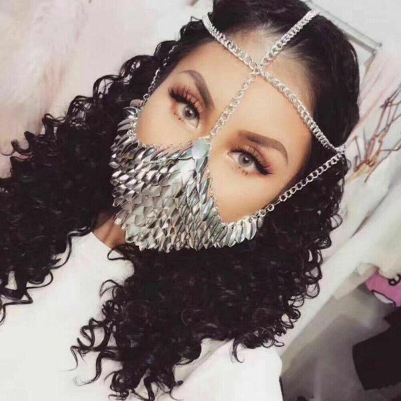 

Sexy Women Silver Gold Fish Scale Mask Head Jewelry Chains Unique Design Punk Alloy Head Chain Wearing Mask Dropship New1