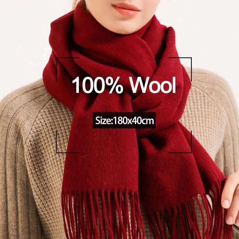 

100% Pure Wool Scarf Women Winter Solid Dark Red Wool Shawls and Wraps for Ladies Tassel Cashmere Scarves Foulard Femme