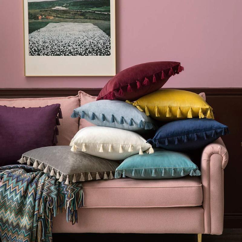 

Soft Velvet Throws Pillowcases Decoration Cushions Covers Square With Tassel For Sofa Bed Car Home Wedding Throw Pillow, D gray-1pcs