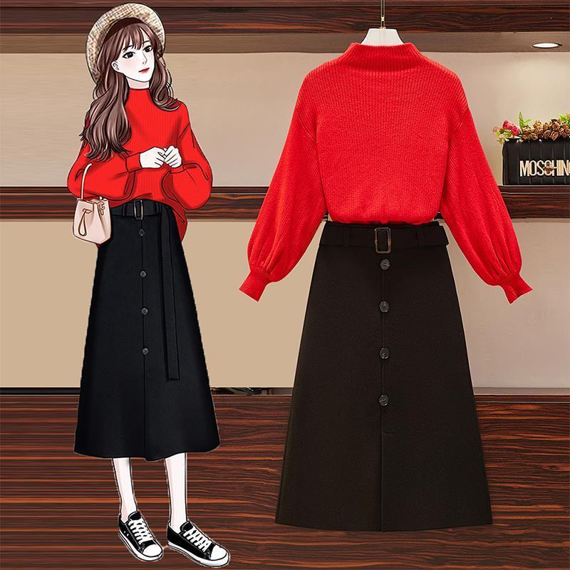 

New fashion 2021 spring solid autumn the neck-neck black-knit sweater skirt long with suit-belt two y494 parts WD36, Honghei suit