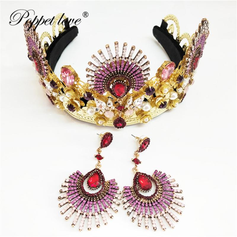 

1 SET European Drop Green Red Crystal Tiaras Vintage Gold Rhinestone Pageant Crowns Baroque queen Wedding Hair Accessories