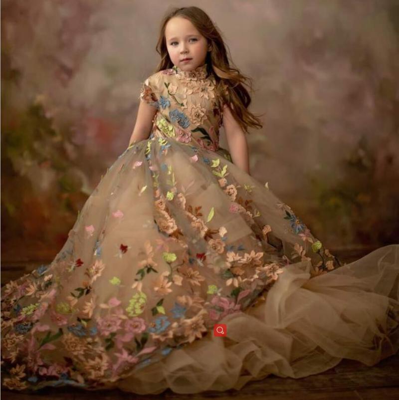 

Classic Tulle Flower Girl Dress High Neck Lace Appliques Cap Sleeve For Wedding Birthday Ball Gown First Holy Communion Dresses, Beige