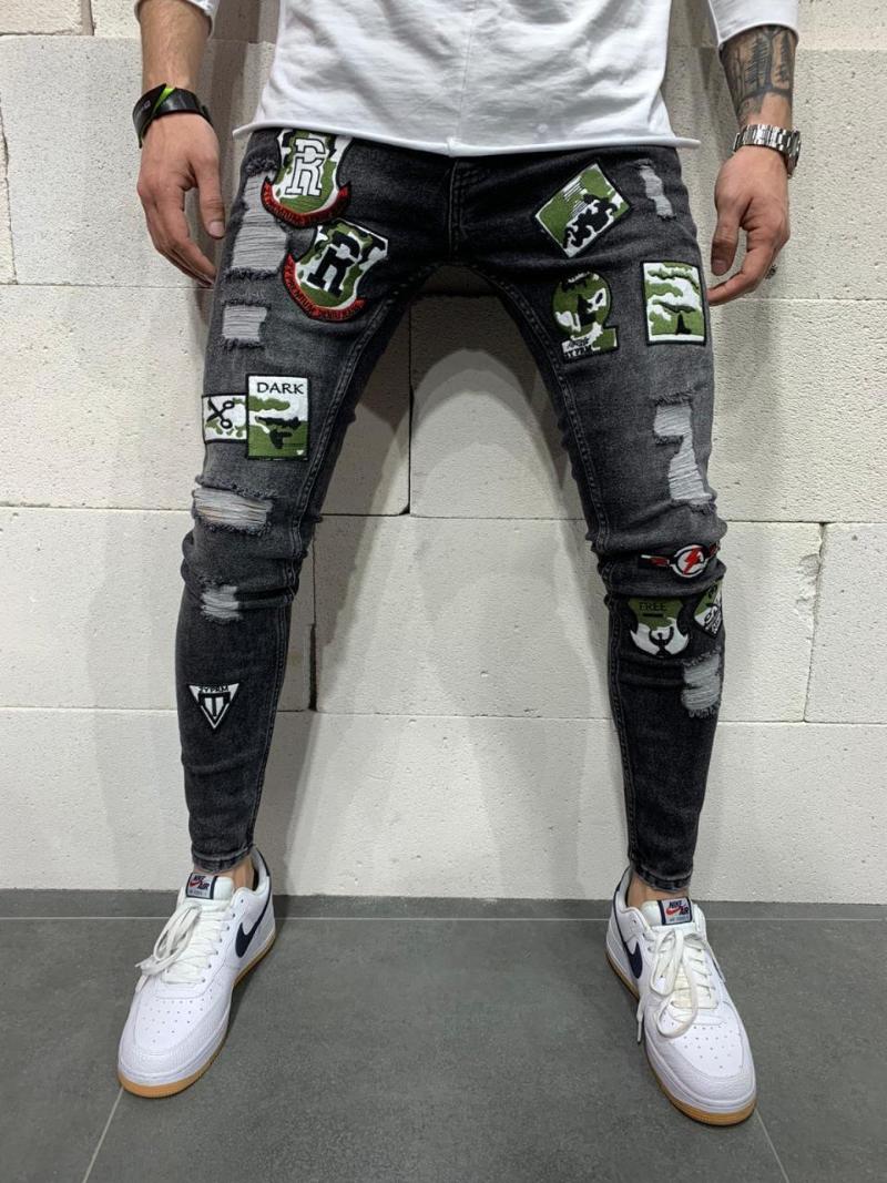 

2 Styles Men Stretchy Ripped Skinny Biker Embroidery Print Jeans Destroyed Hole Taped Slim Fit Denim Scratched High Quality Jean