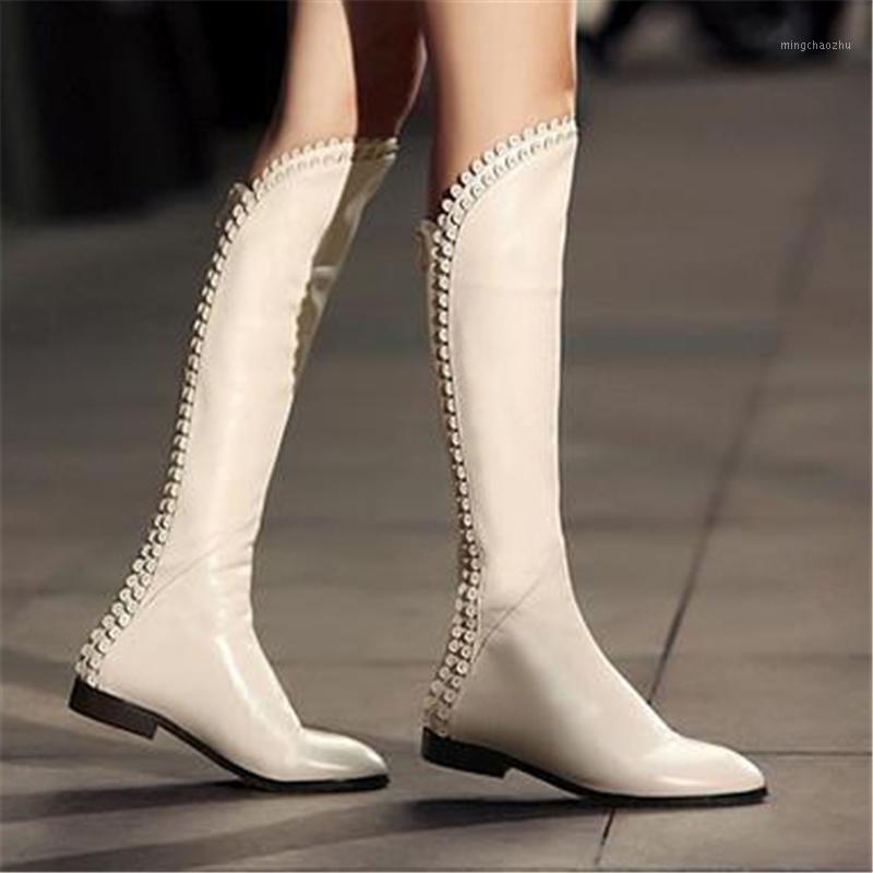 

Mid Calf Boots Women Shoes Flat Riding Boots Genuine Leather Fashion Shoes Black White Winter Autumn Ladies Zip 2020 New1, Black short plush