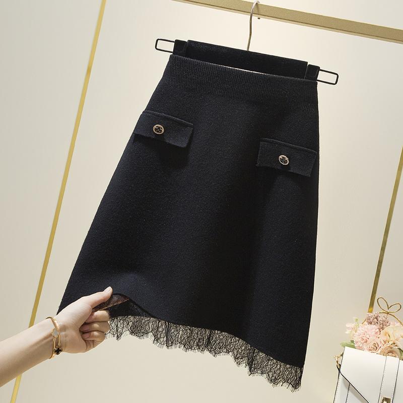 

female 2021 New knitting retail rentals pockets black skirt line y297 M4N9, Heise