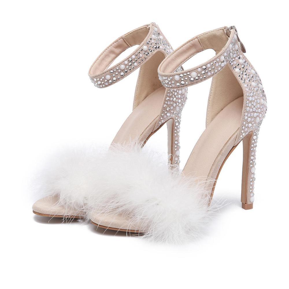 

2020 Summer Sexy Sandals Strass Zipper Feather Damascus High Wedding Leap Women the Stiletto Shoe Bombs Party V4g4, The picture