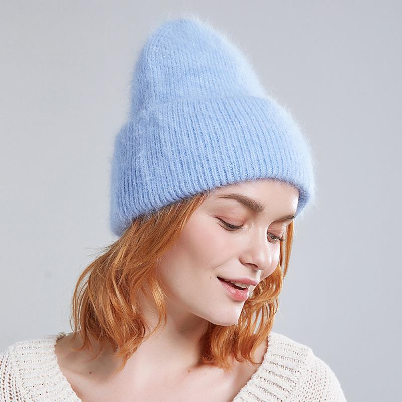 

Beanie/Skull Caps Warm Long Winter Hats Women Fur Hair Female Fashion Solid Colors Cap Wide Cuff Young Style Beanies, Black